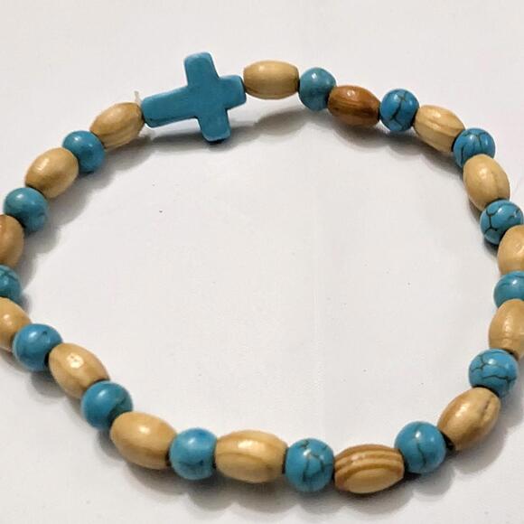 Handcrafted Faux Turquoise Cross Wooden Beaded Beads Bracelet Faith Stretch - Picture 1 of 2